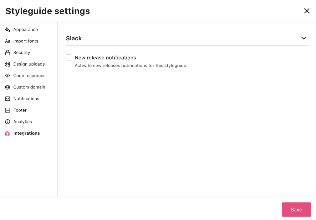 Integrations section in the styelguide settings
