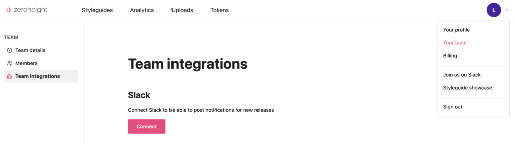 zeroheight UI for adding the zeroheight Slack app