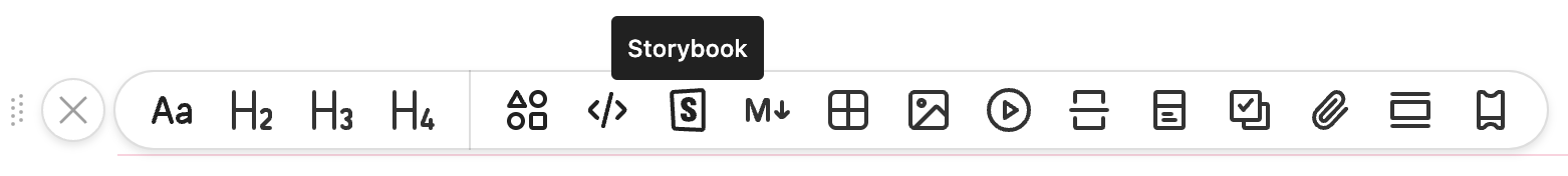 Storybook function hovered over in the toolbar
