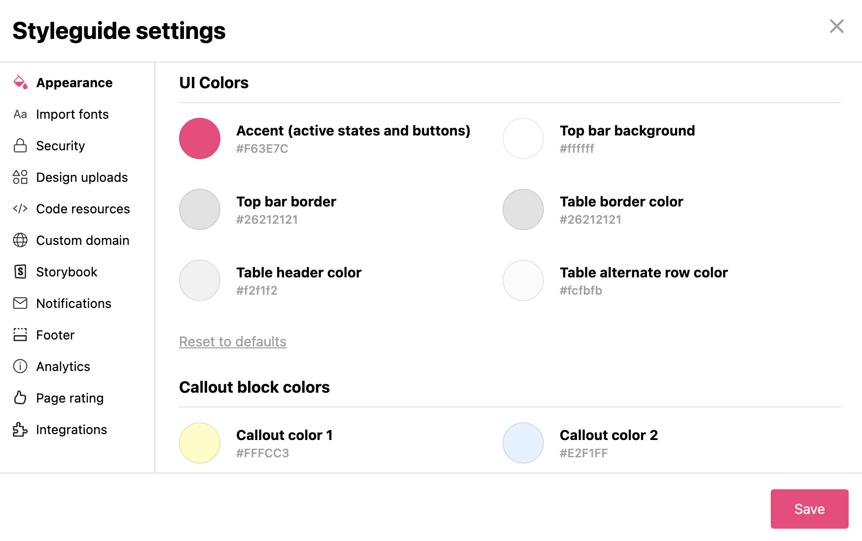 Appearance section in styleguide settings