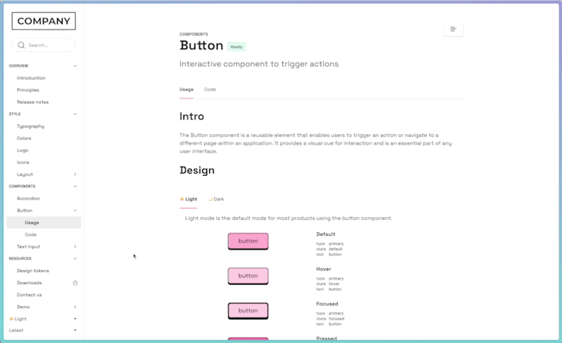GIF showing a tab block with light and dark mode for a button component.