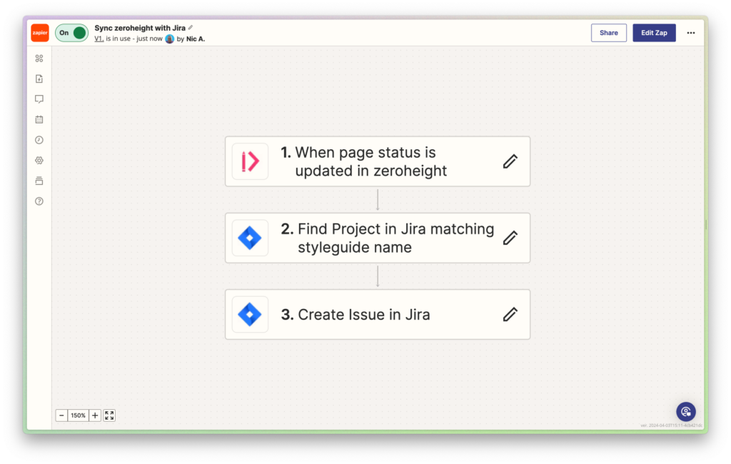 Screenshot of zapier integration connecting zeroheight and Jira