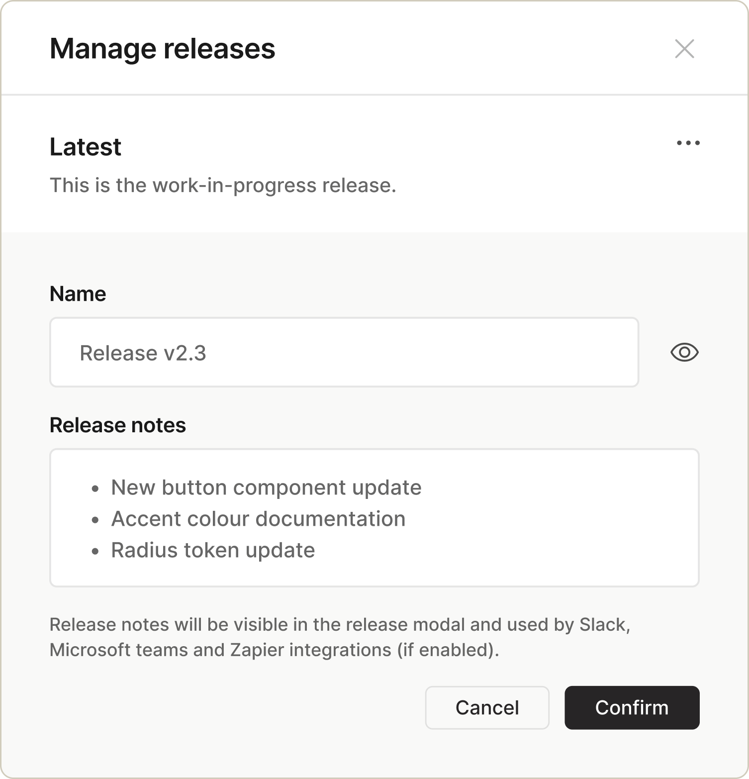 design system delivery menu for user to manage releases