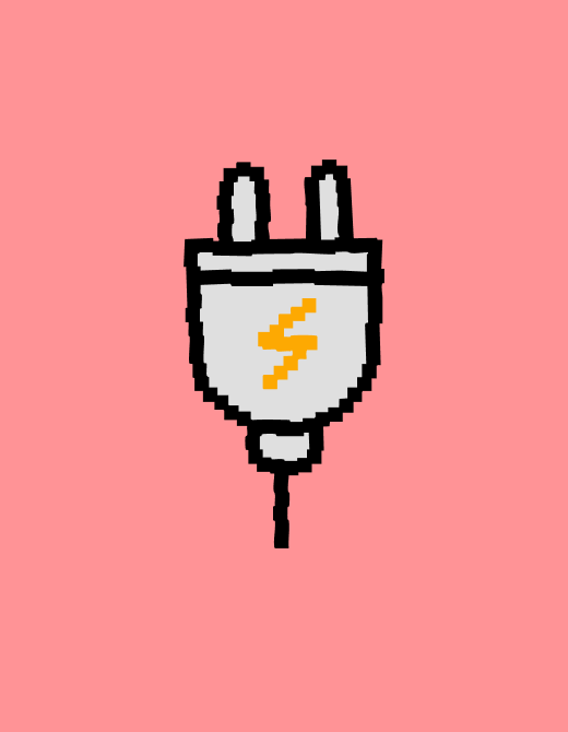 Pixel art illustration of a power plug with a lightning bolt symbol on a pink background, representing electricity and energy connection.