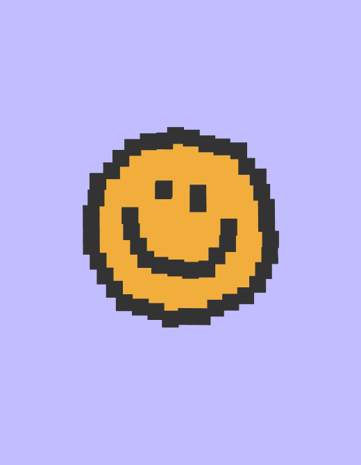Pixel art smiley face with orange color on a light purple background, conveying happiness and positivity.