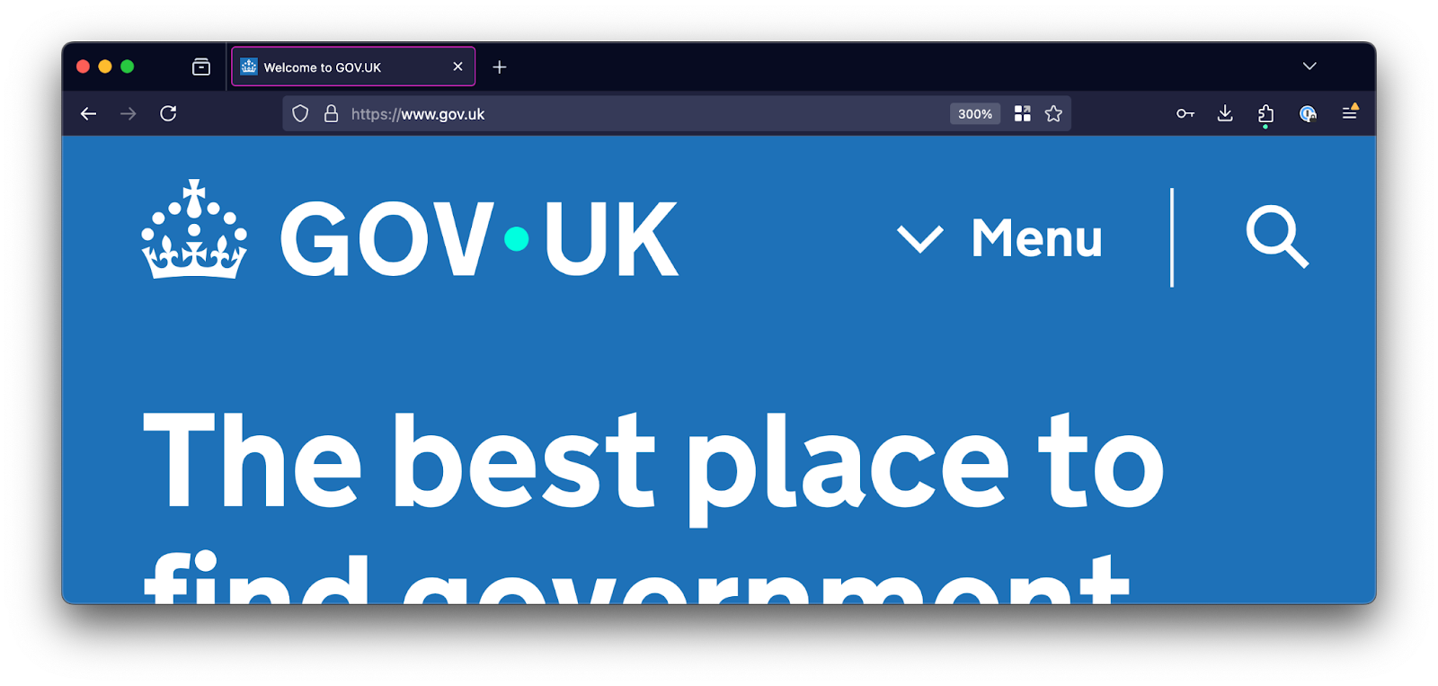 <VPIcon icon="fas fa-globe"/>GOV.UK zoomed in to 300%.
